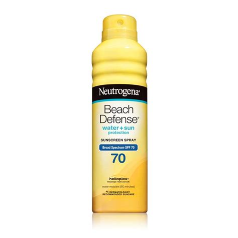 A can of Neutrogena Beach Defense Spray Sunscreen SPF 70, highlighting its beach-ready packaging and SPF rating.