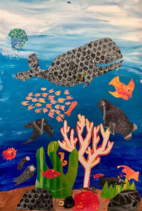Collage artwork depicting an underwater scene with painted jellyfish, cut-out sea creatures, and shell illustrations