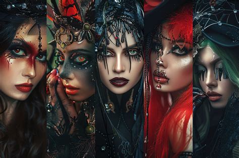 A collage of diverse Halloween makeup looks, showcasing intricate details and creative concepts.