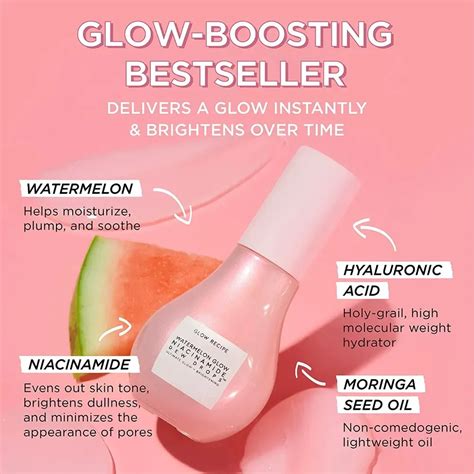 A close-up infographic detailing the key ingredients of the Glow Serum and their respective benefits.