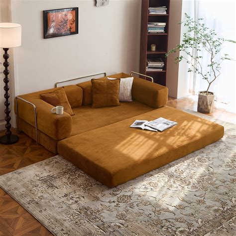 Convertible sofa bed with corduroy fabric and pillows
